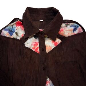 ☀️Exposed Collar Bone Cutouts Brown Long Sleeve Shirt Source Unknown 20.5" P2P
